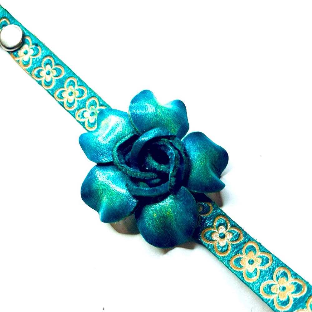 Handmade Aqua Leather Flower Bracelet